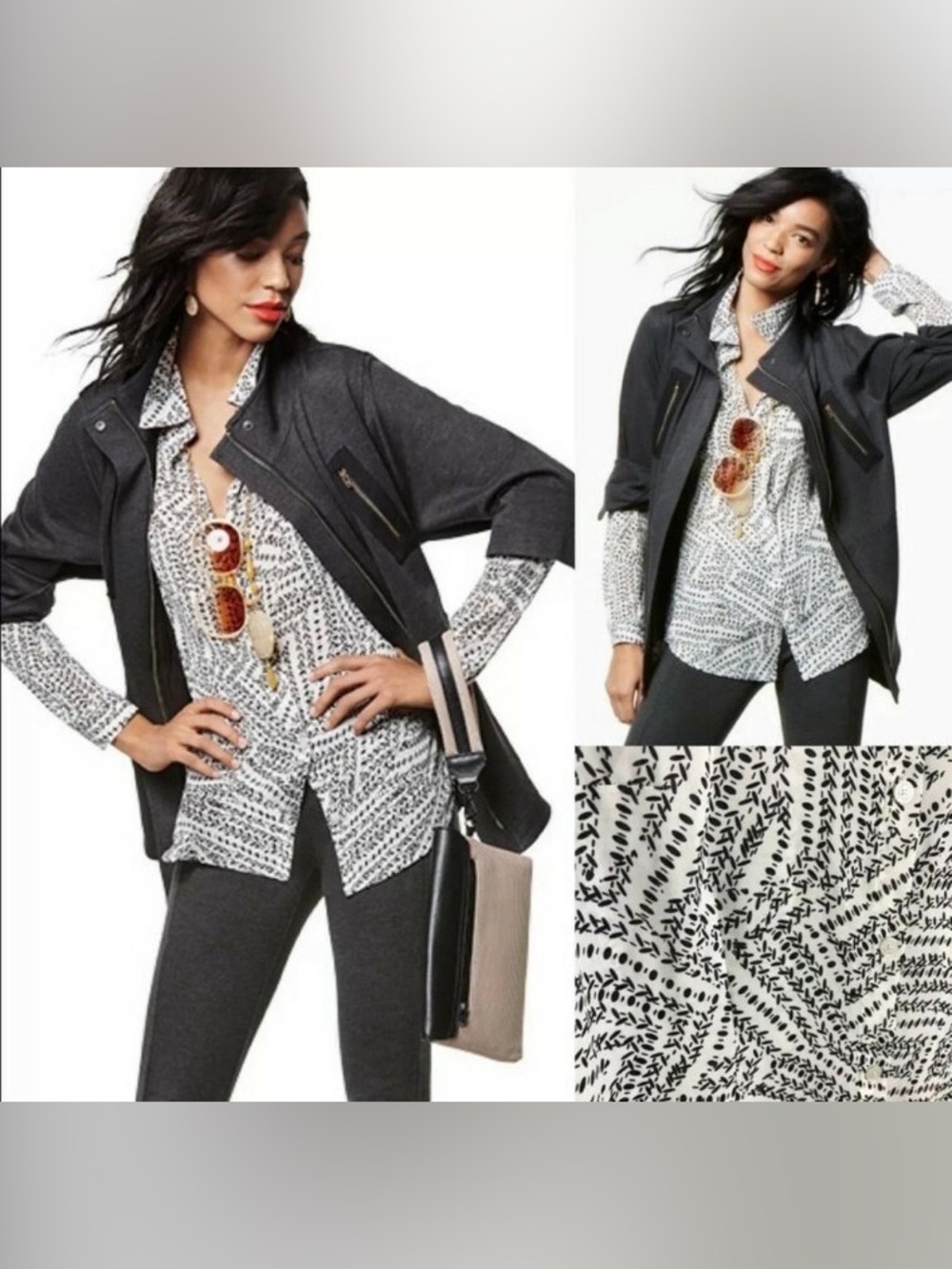 CAbi Split Back Button Down Blouse White Black L smoke pet free LIKE NEW